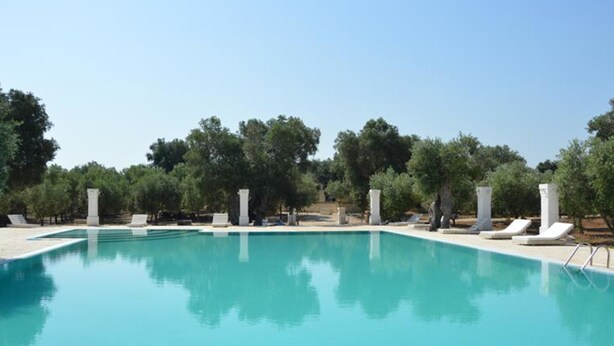 A rectangular swimming pool with clear blue water, surrounded by white lounge chairs and trees.