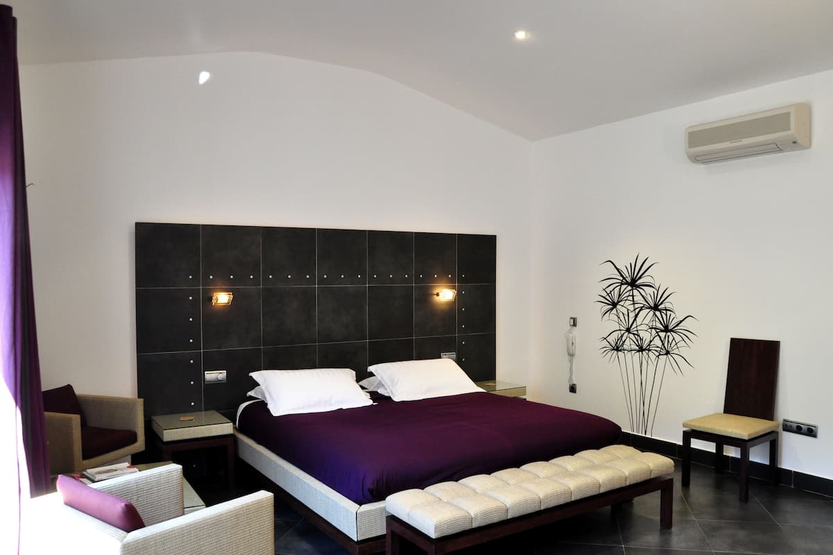A modern hotel room with a large bed, a bedside table, a chair, a bedside lamp, and a decorative plant.