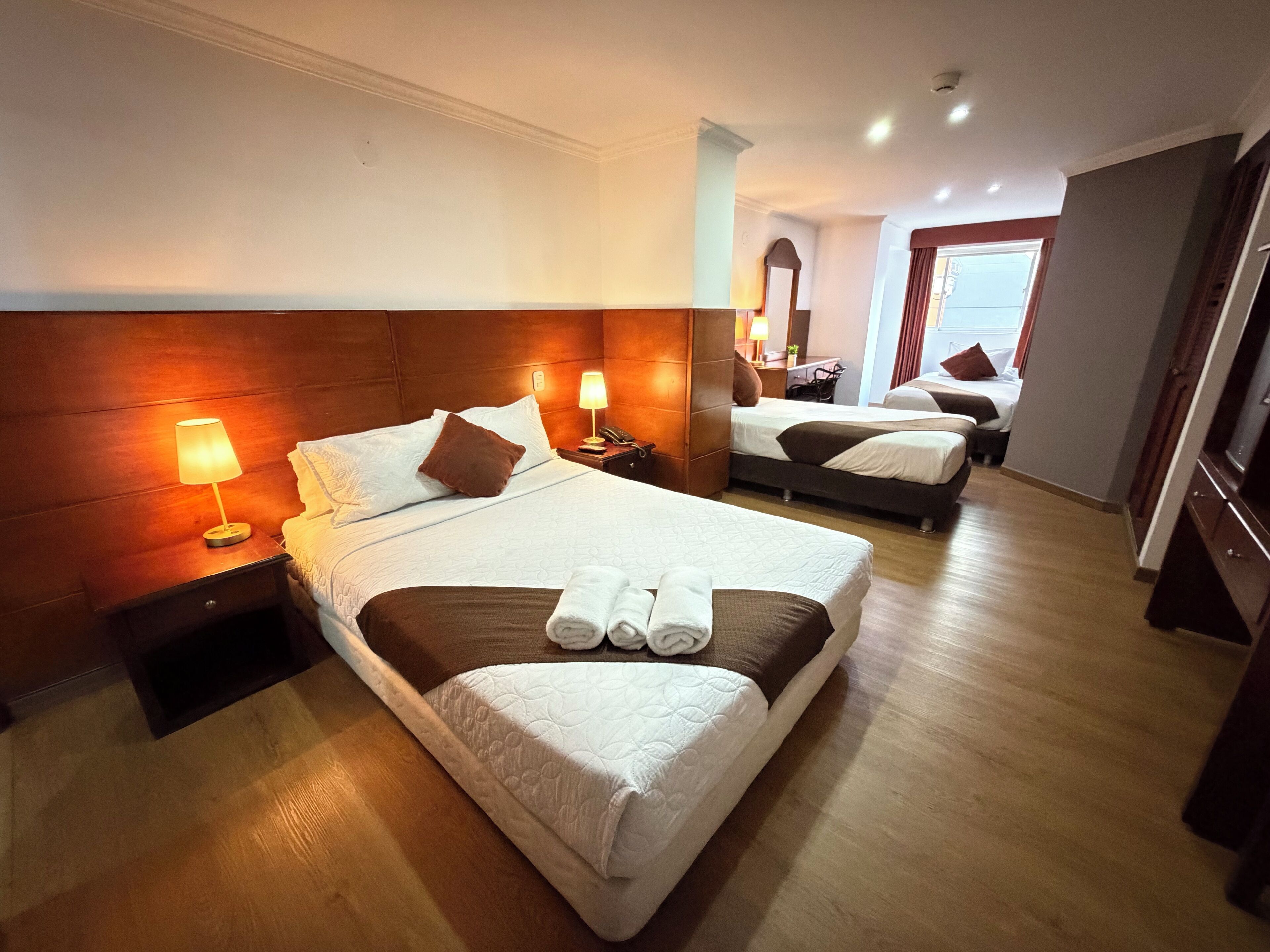 Habitación de hotel con una cama grande, una mesita de noche con lámpara, un espejo y un armario.