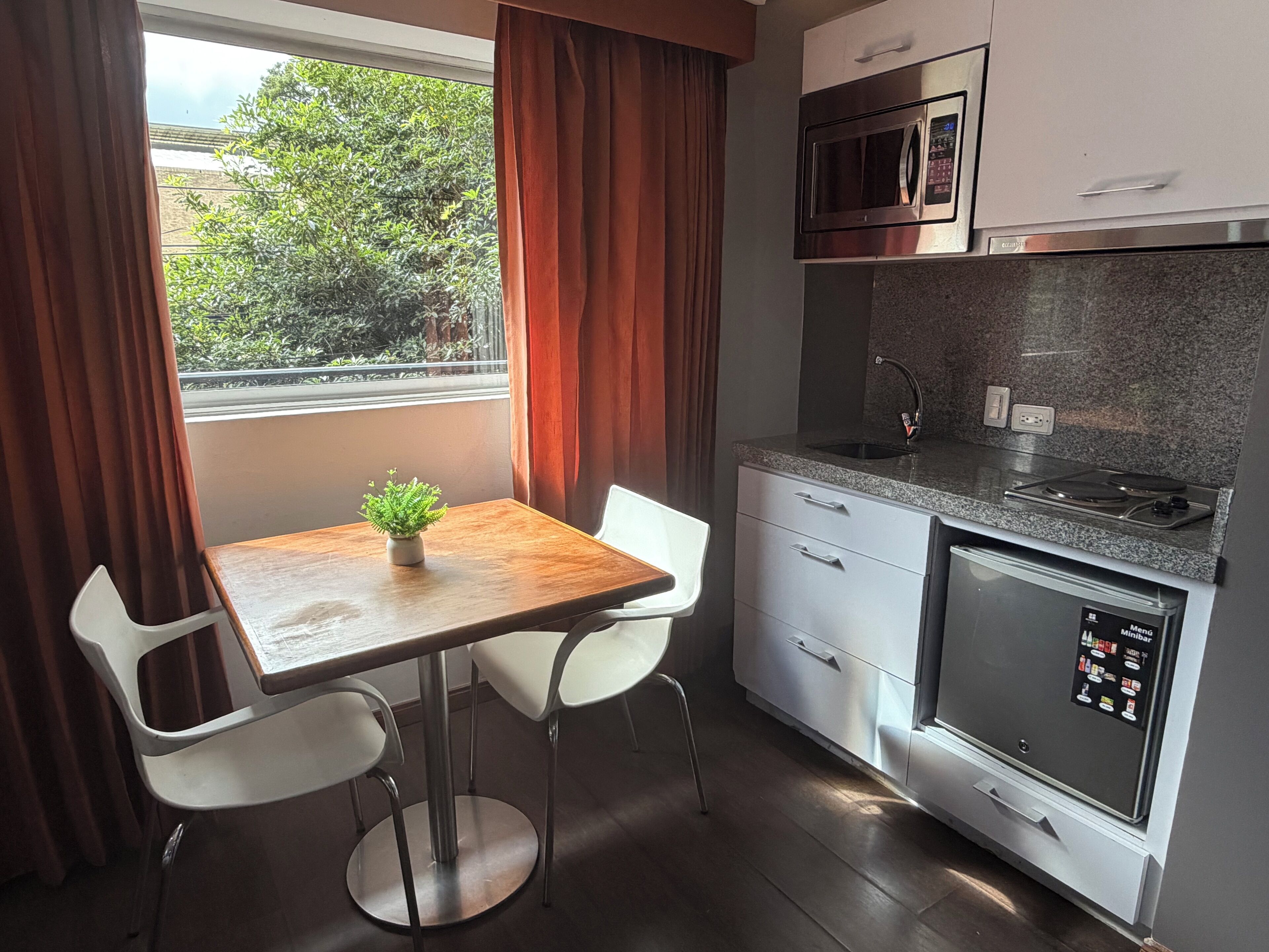A compact kitchen with a microwave, stove, and sink. There is a dining table with chairs and a potted plant.