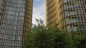 Twee hoge, moderne gebouwen met een rastergevel en reflecterende glasramen.