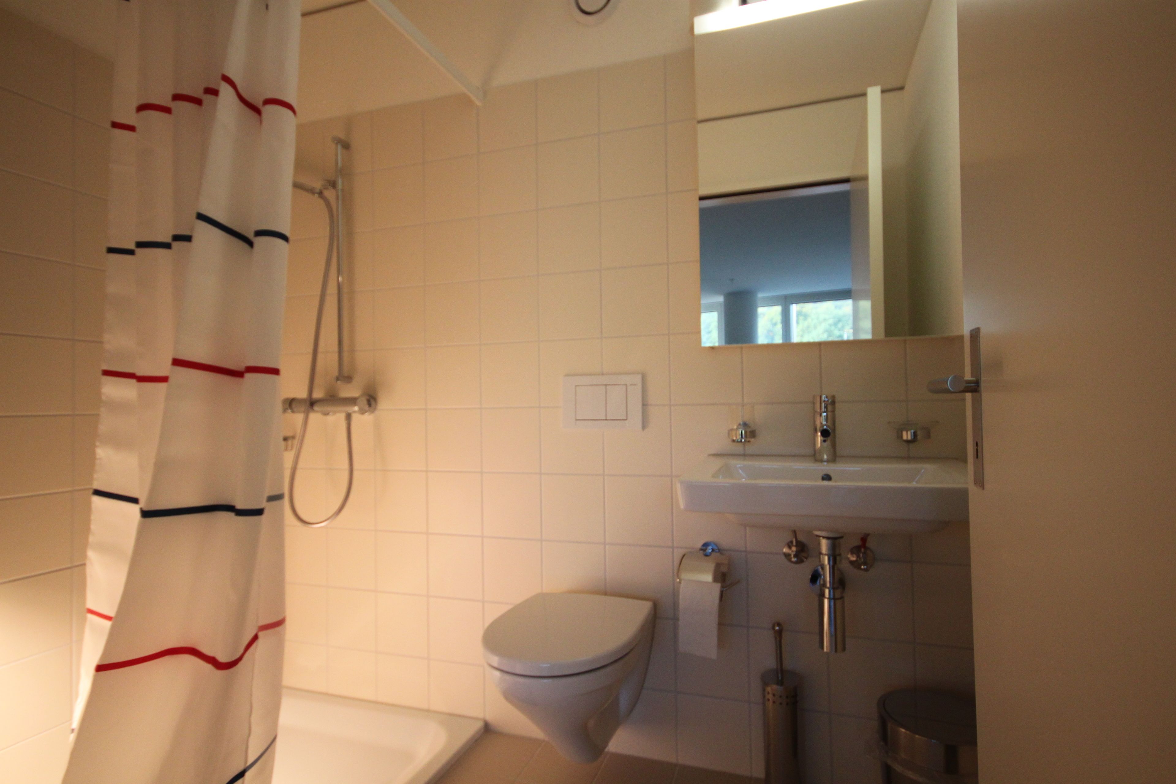 Un baño con cortina de ducha, inodoro, lavabo y espejo.