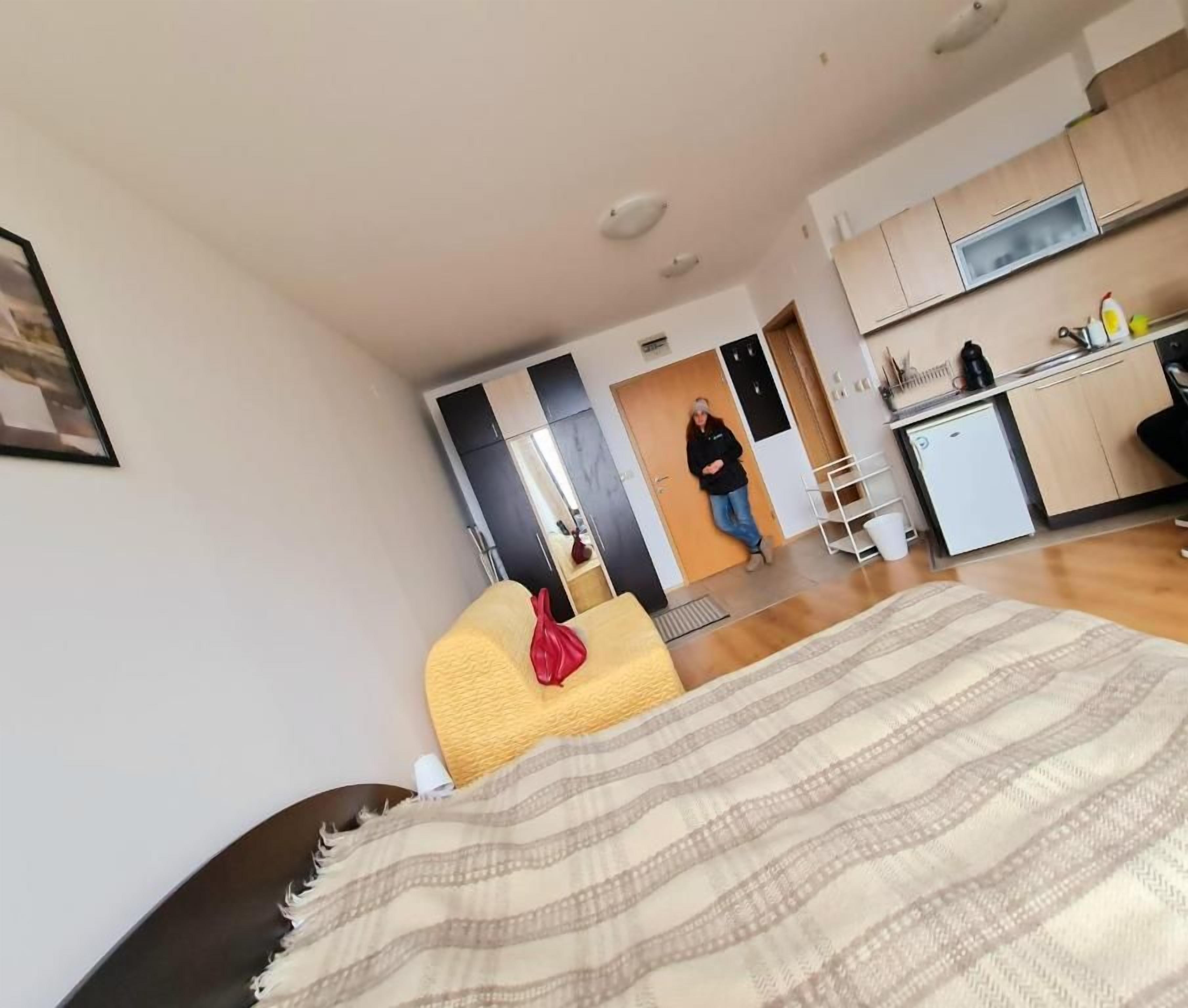 A modern living room with a sofa, a bed with a striped blanket, and a kitchen area with cabinets and a sink.