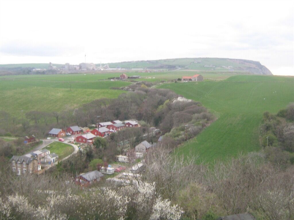 A rural landscape with a cluster of red-roofed houses surrounded by green fields and a hill in the background.