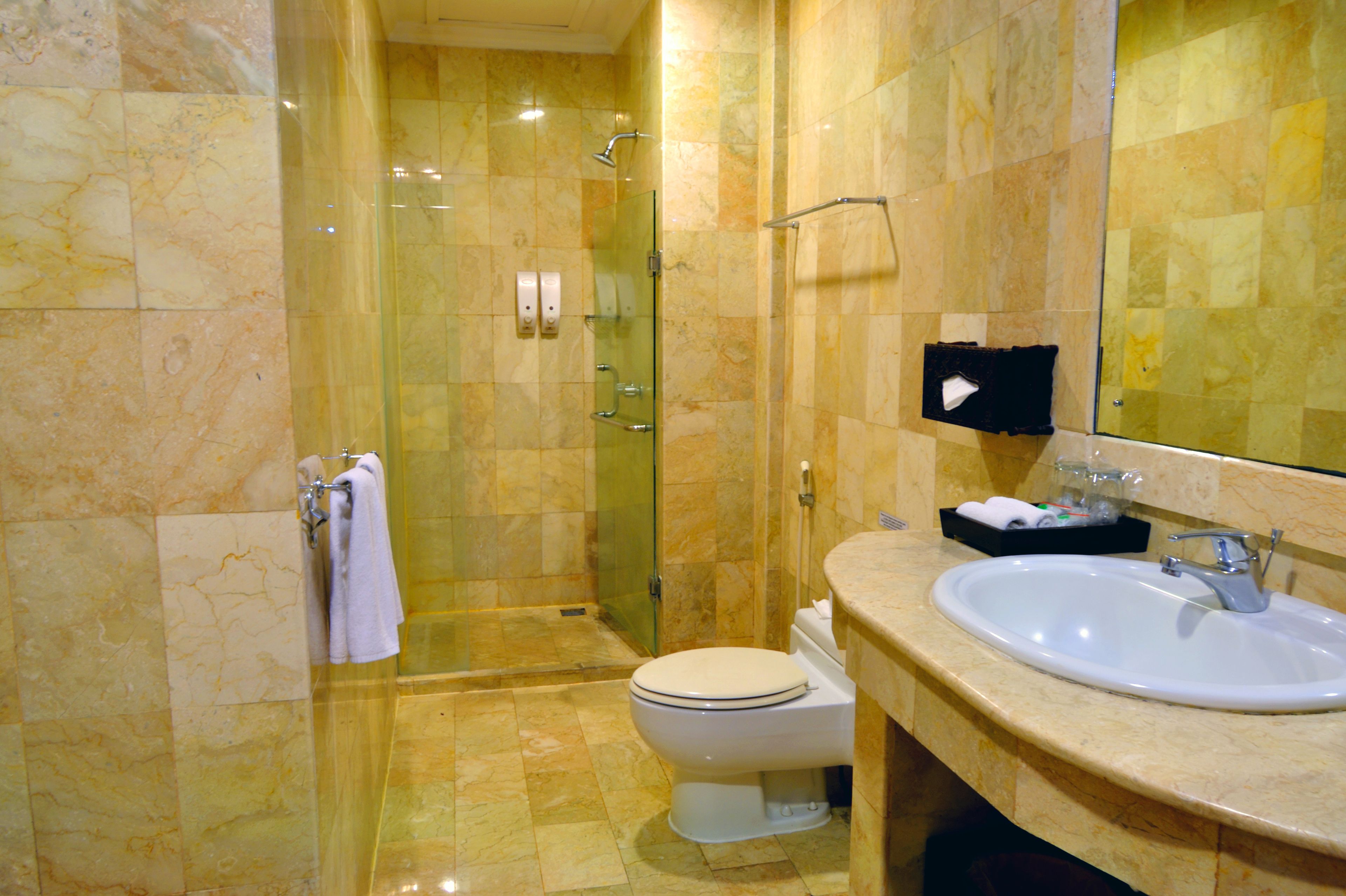 separate bathtub and shower, free toiletries, hair dryer, towels