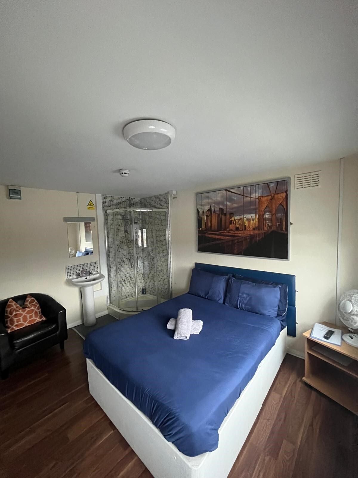 Habitación de hotel con una cama grande, una mesita de noche, una silla, zona de ducha y un cuadro en la pared.