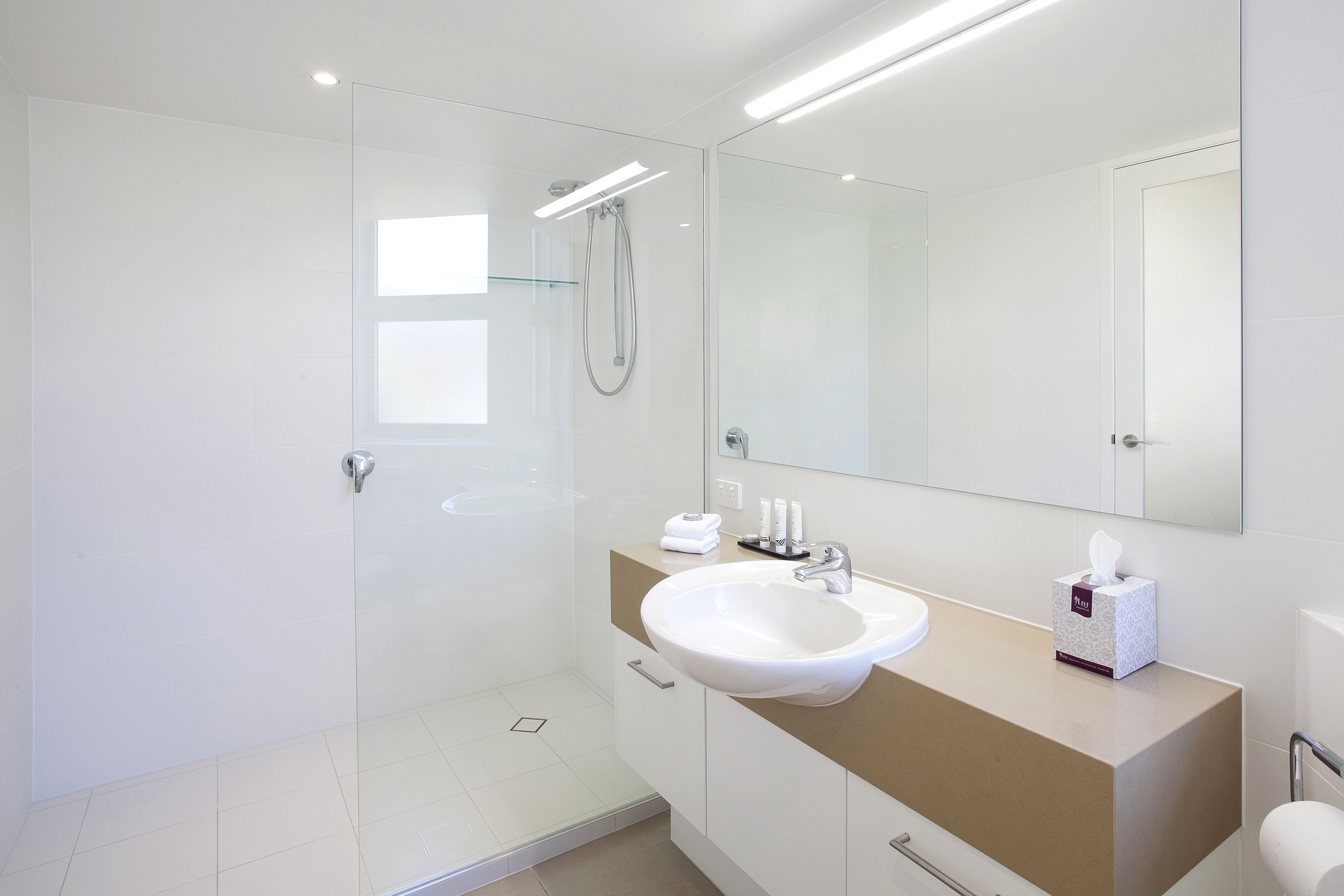 A modern bathroom with a glass shower enclosure, a white sink, and a large mirror.