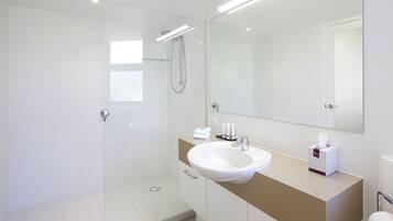 A modern bathroom with a glass shower enclosure, a white sink, and a large mirror.
