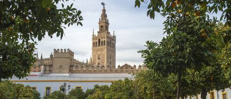 A historic building with a prominent tower, surrounded by a courtyard with trees and a paved walkway.