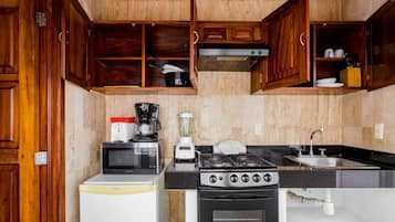 Full-sized fridge, microwave, oven, coffee/tea maker