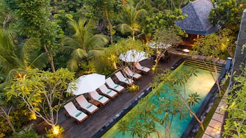 Una piscina al aire libre, sombrillas, sillones reclinables de piscina