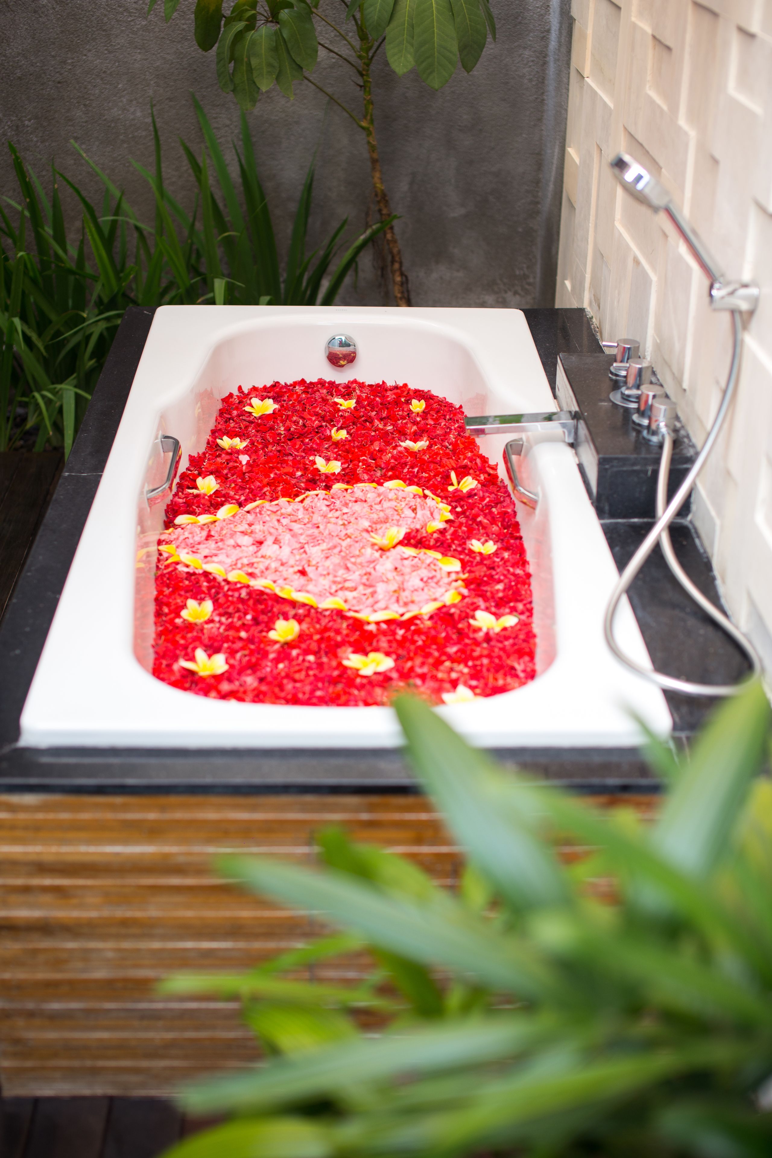 A rectangular bathtub filled with red rose petals and yellow flowers, with a plant in the background.