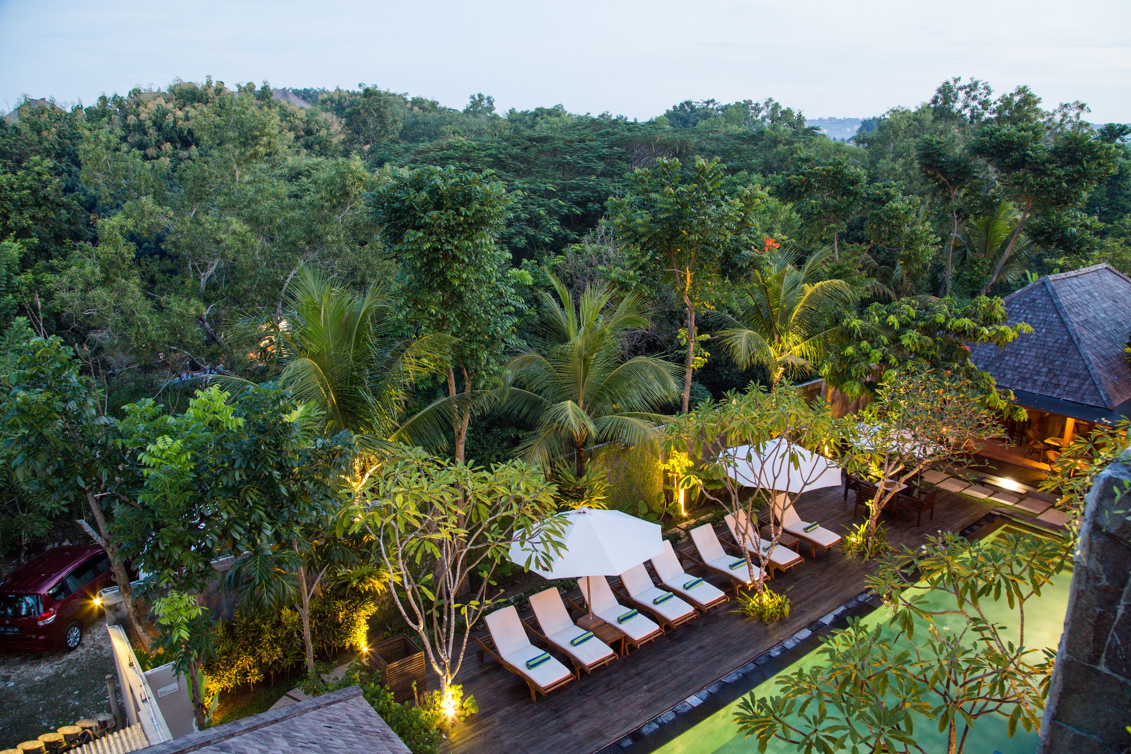 Outdoor pool, pool umbrellas, pool loungers