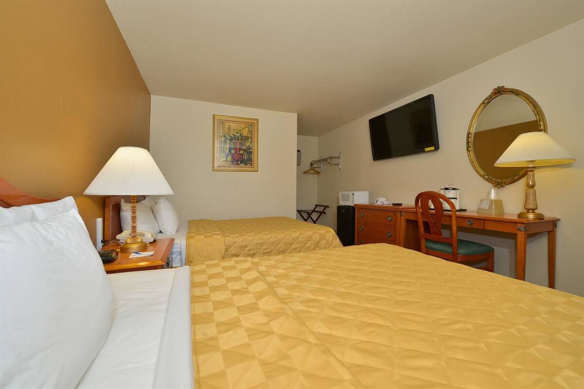 A hotel room with two beds, a desk, a chair, a television, and a mirror.