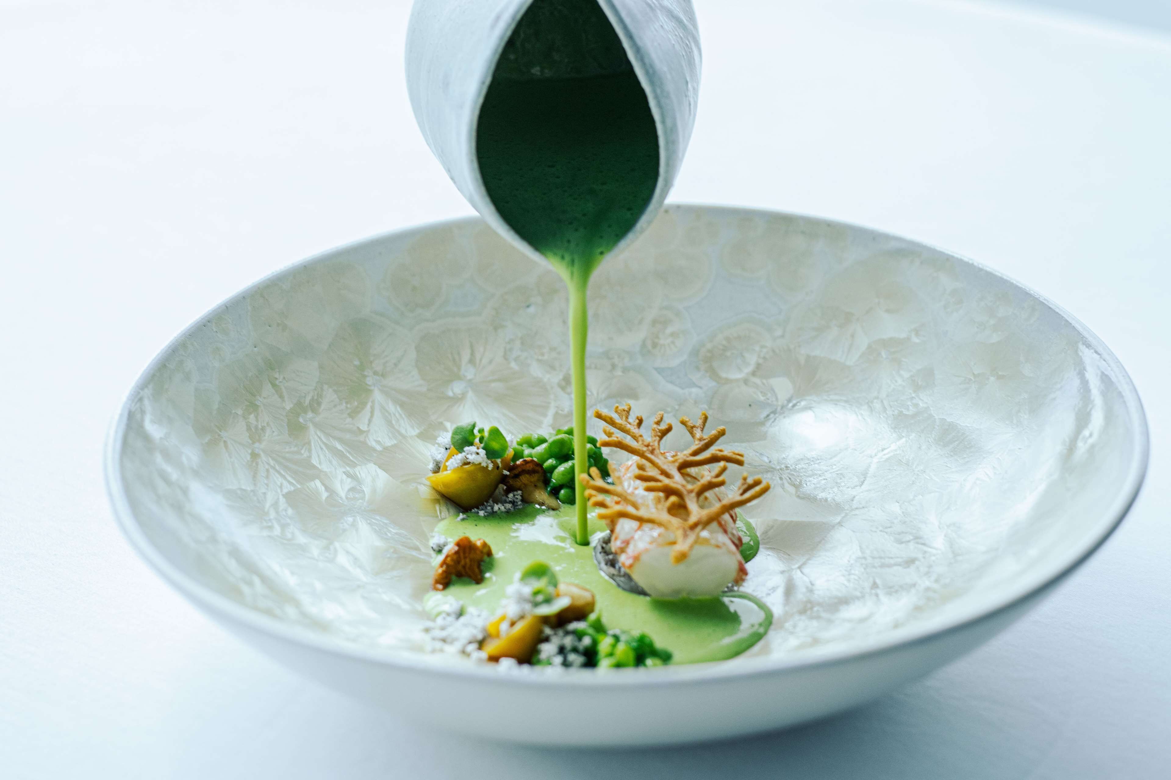 Un bol de nourriture sur lequel on verse une sauce verte.