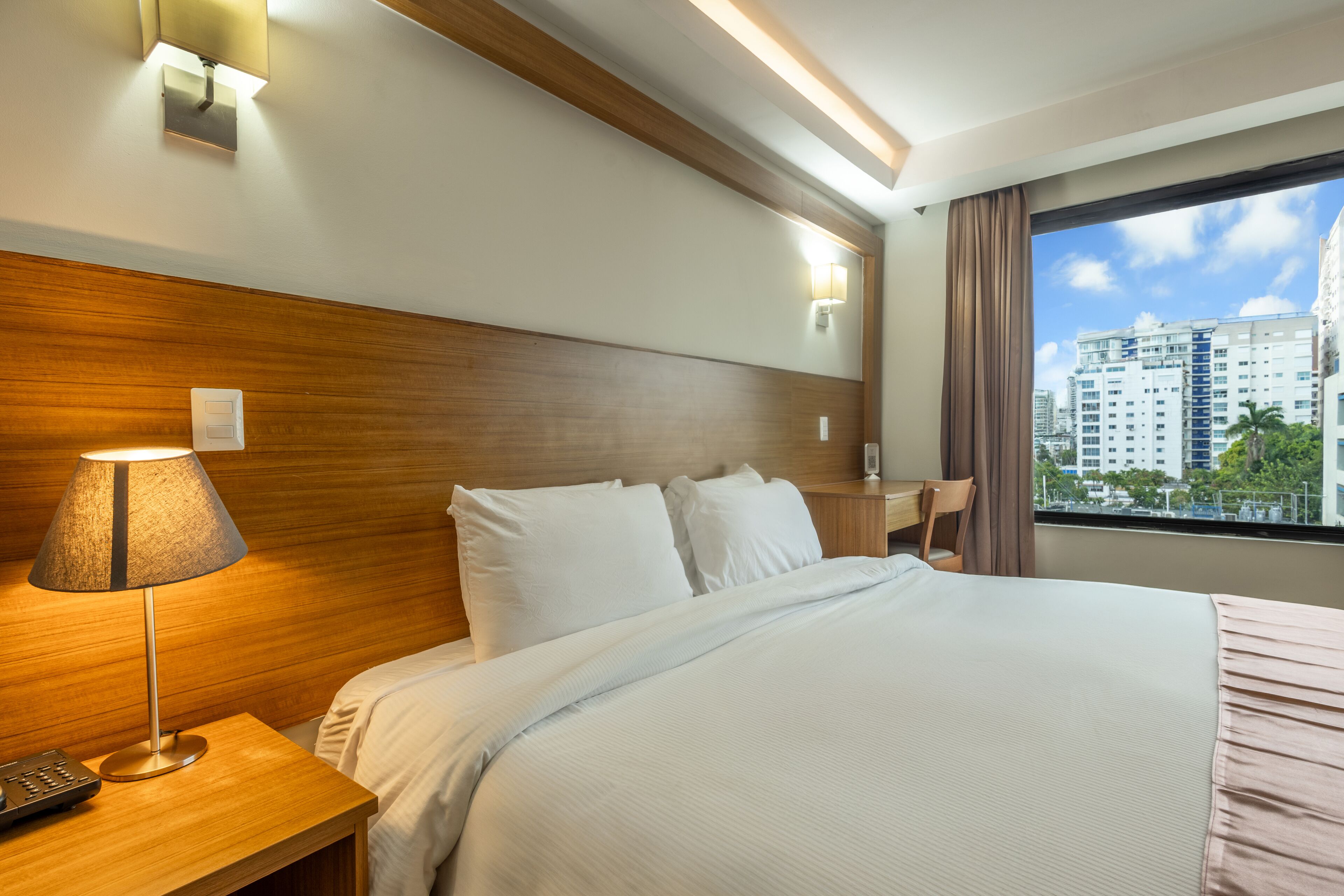 Una habitación de hotel con una cama, una mesita de noche con lámpara, un cabecero de madera y una ventana con vista a la ciudad.