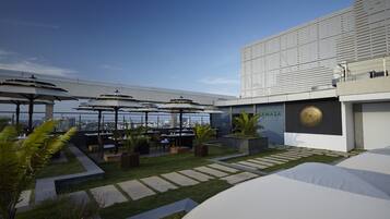 Terraço no telhado com área de estar externa, plantas em vasos e vista para o horizonte urbano.