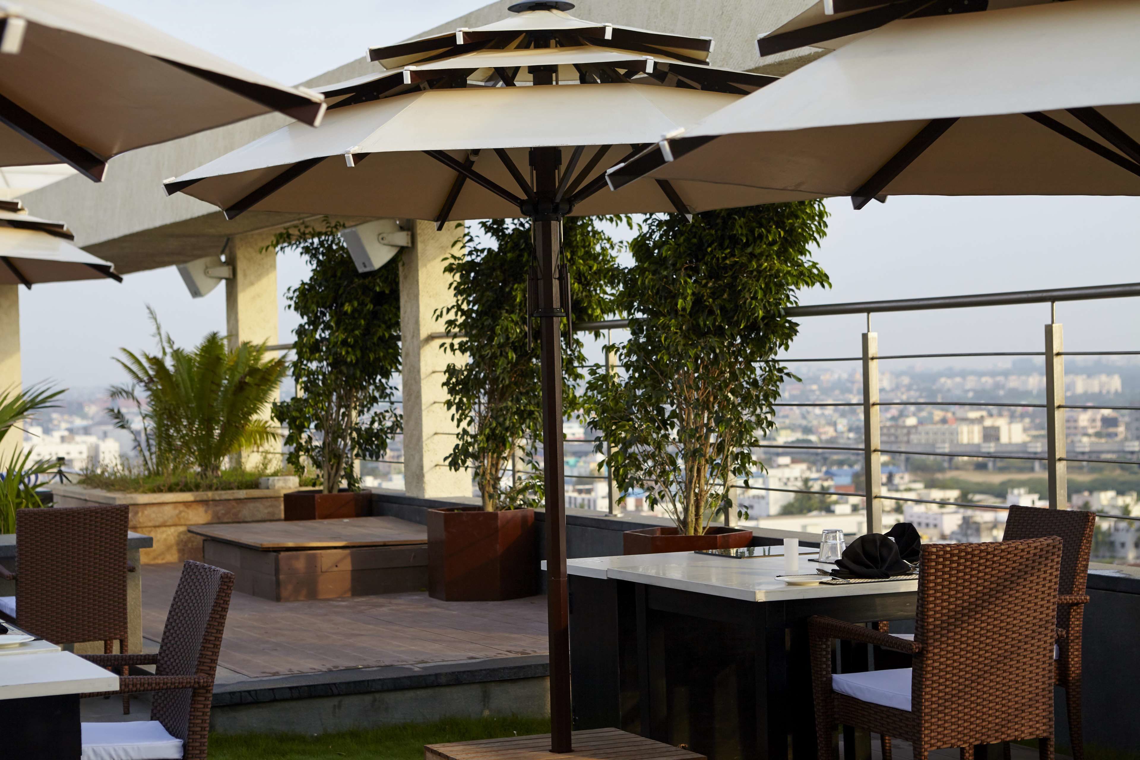 A rooftop terrace with outdoor seating, umbrellas, and potted plants.