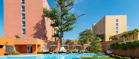 Outdoor pool, open 9:00 AM to 8:00 PM, pool umbrellas, sun loungers