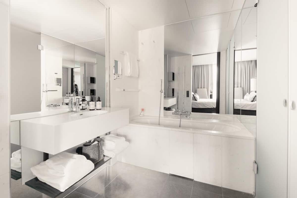 shower, rainfall showerhead, designer toiletries, hair dryer