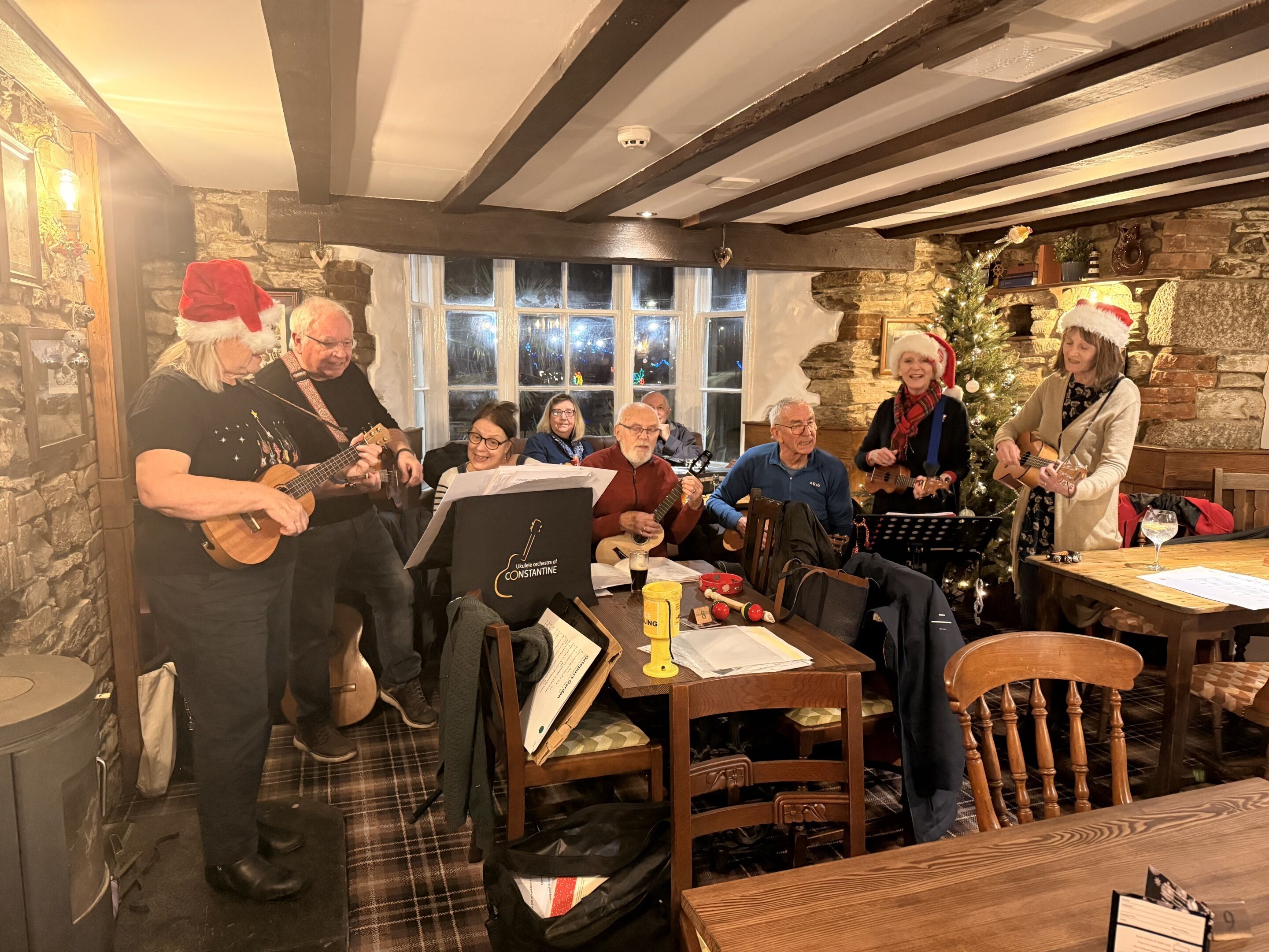 A group of people in a rustic room with stone walls, wooden beams, and a Christmas tree.