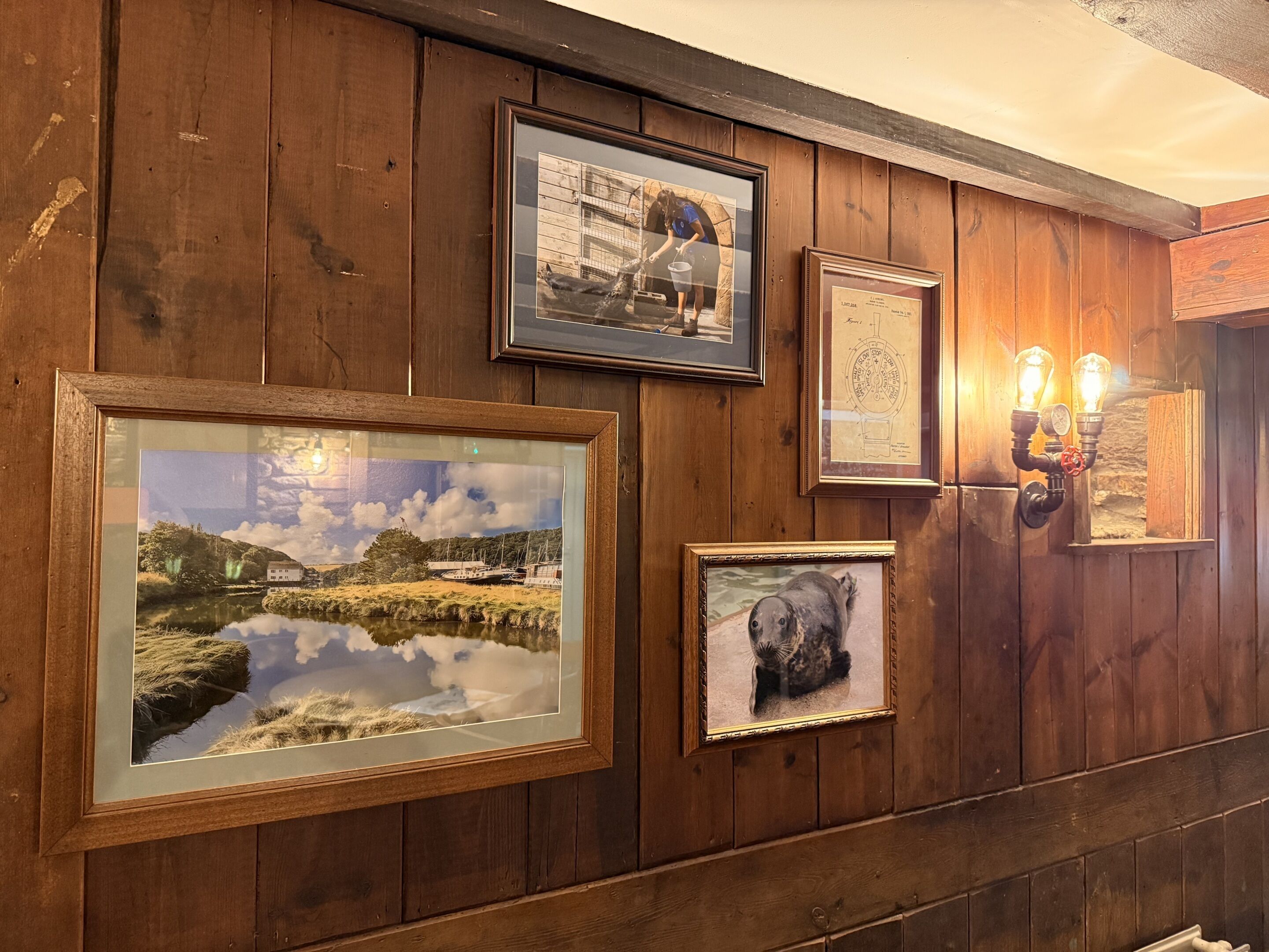 Framed pictures on a wooden wall, including a landscape, a seal, and a certificate.
