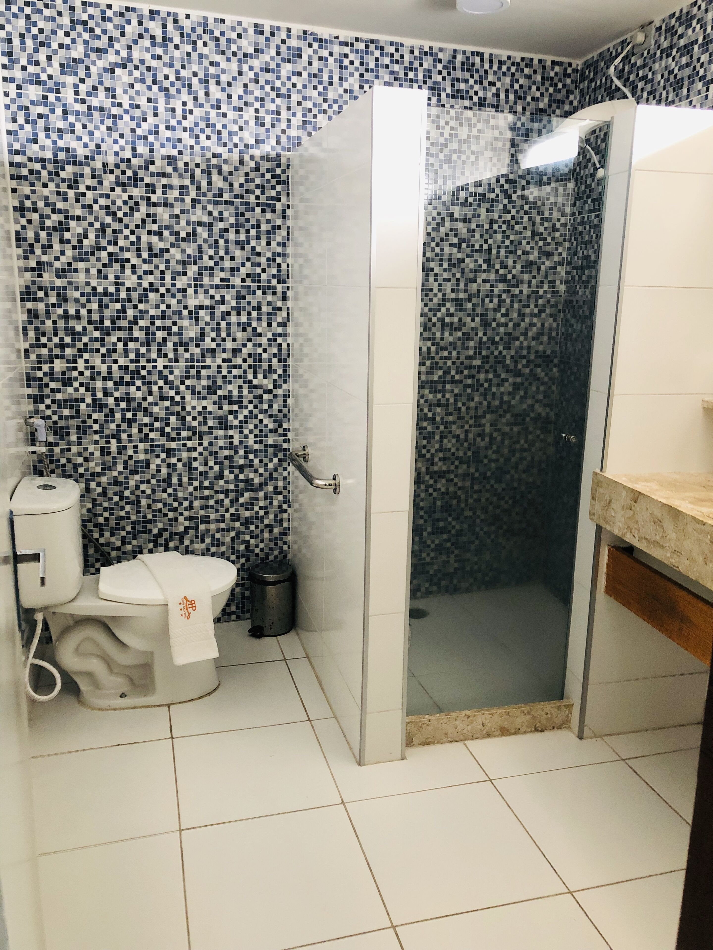 A bathroom with a shower, toilet, and sink.