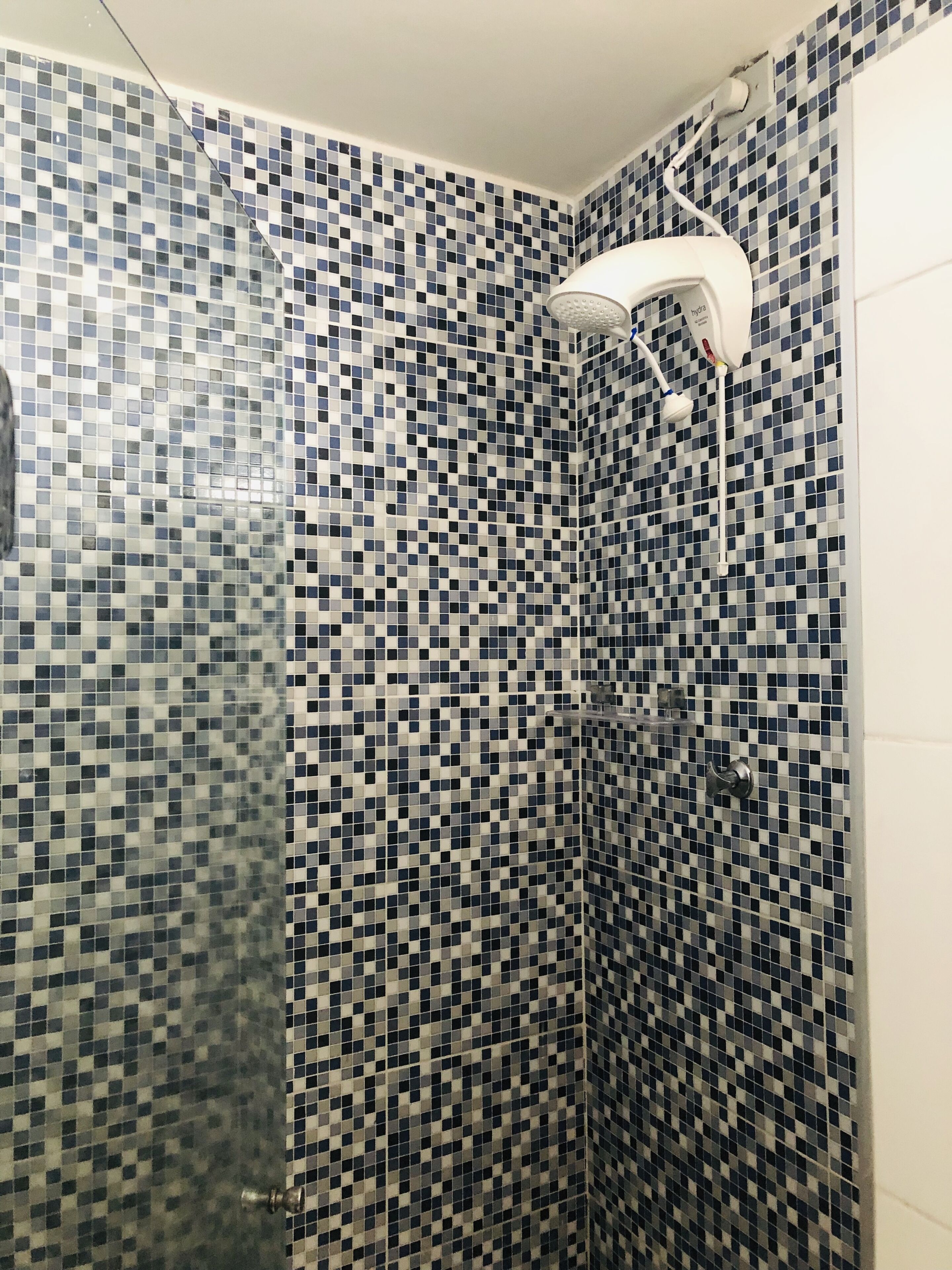 A shower with a white handheld showerhead and a wall tiled with a blue and white mosaic pattern.