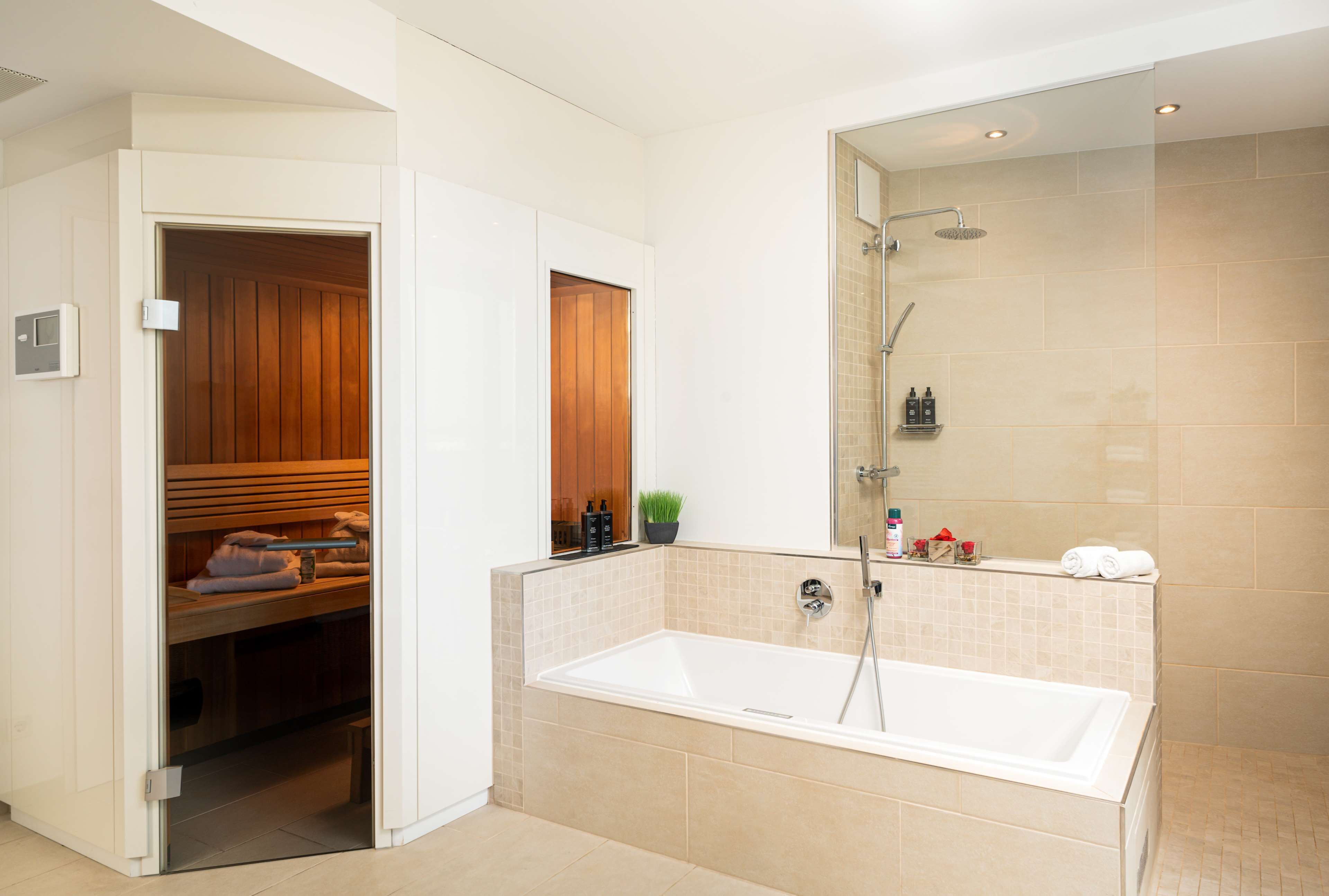 suite | bathroom | combined shower/bathtub, rainfall showerhead, free toiletries