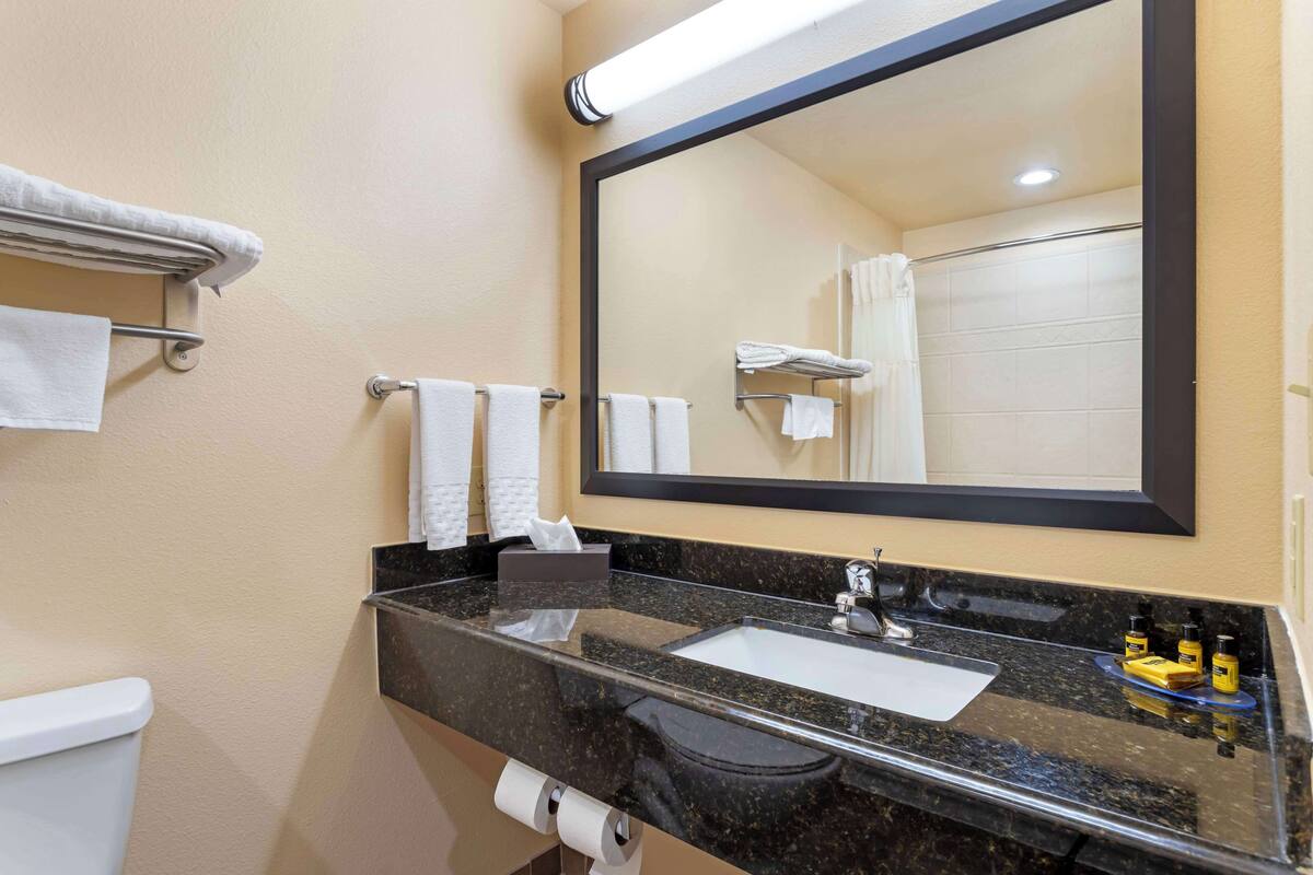 A bathroom with a sink, mirror, towel rack, and toilet.