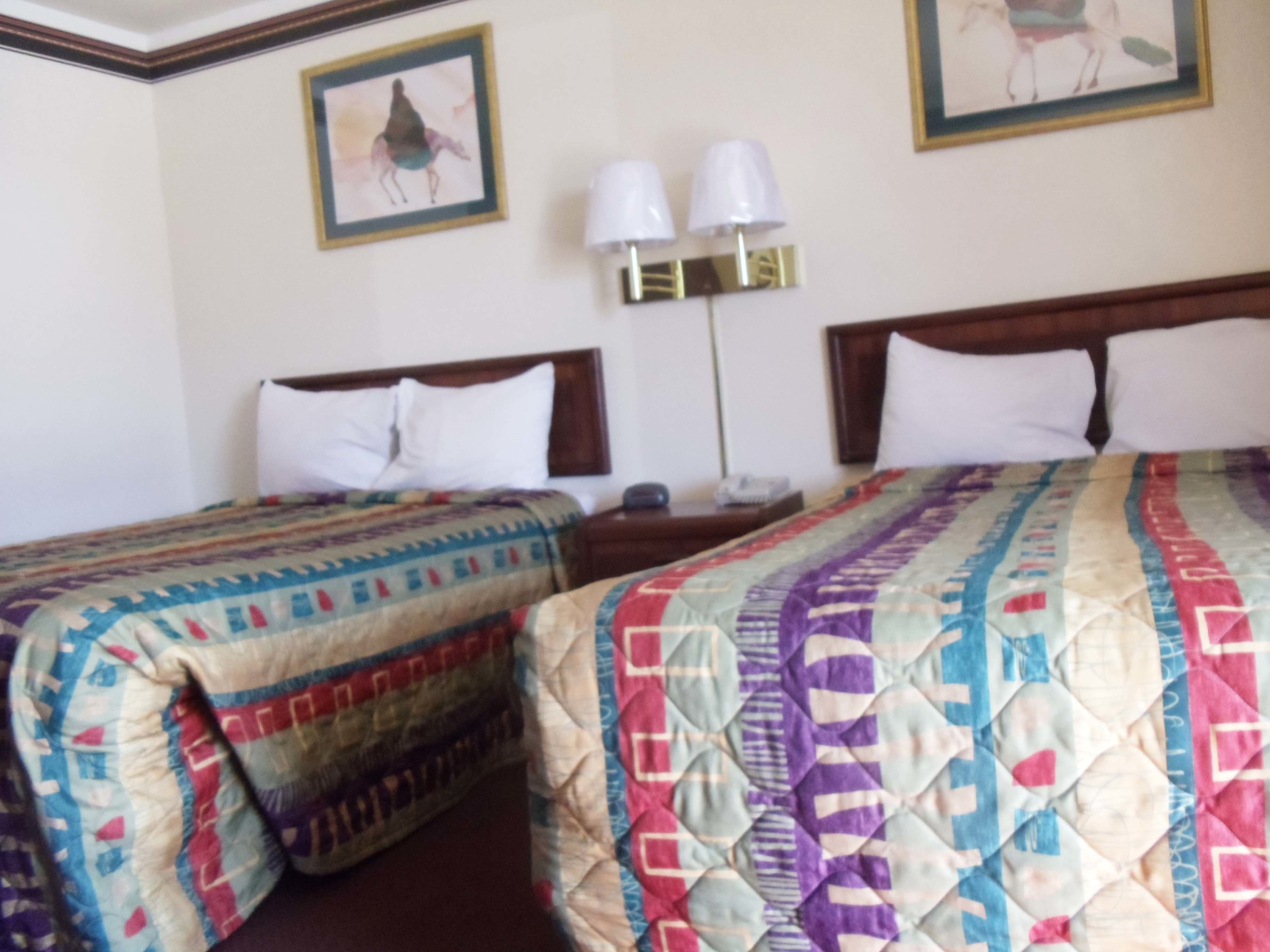 A hotel room with two beds, each with a patterned bedspread, a nightstand with a lamp, and framed artwork on the wall.