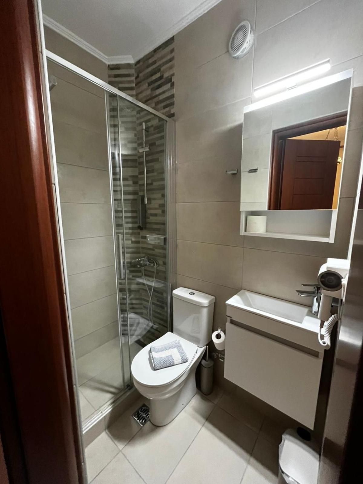 A modern bathroom with a glass shower enclosure, a toilet, a sink, and a mirror.