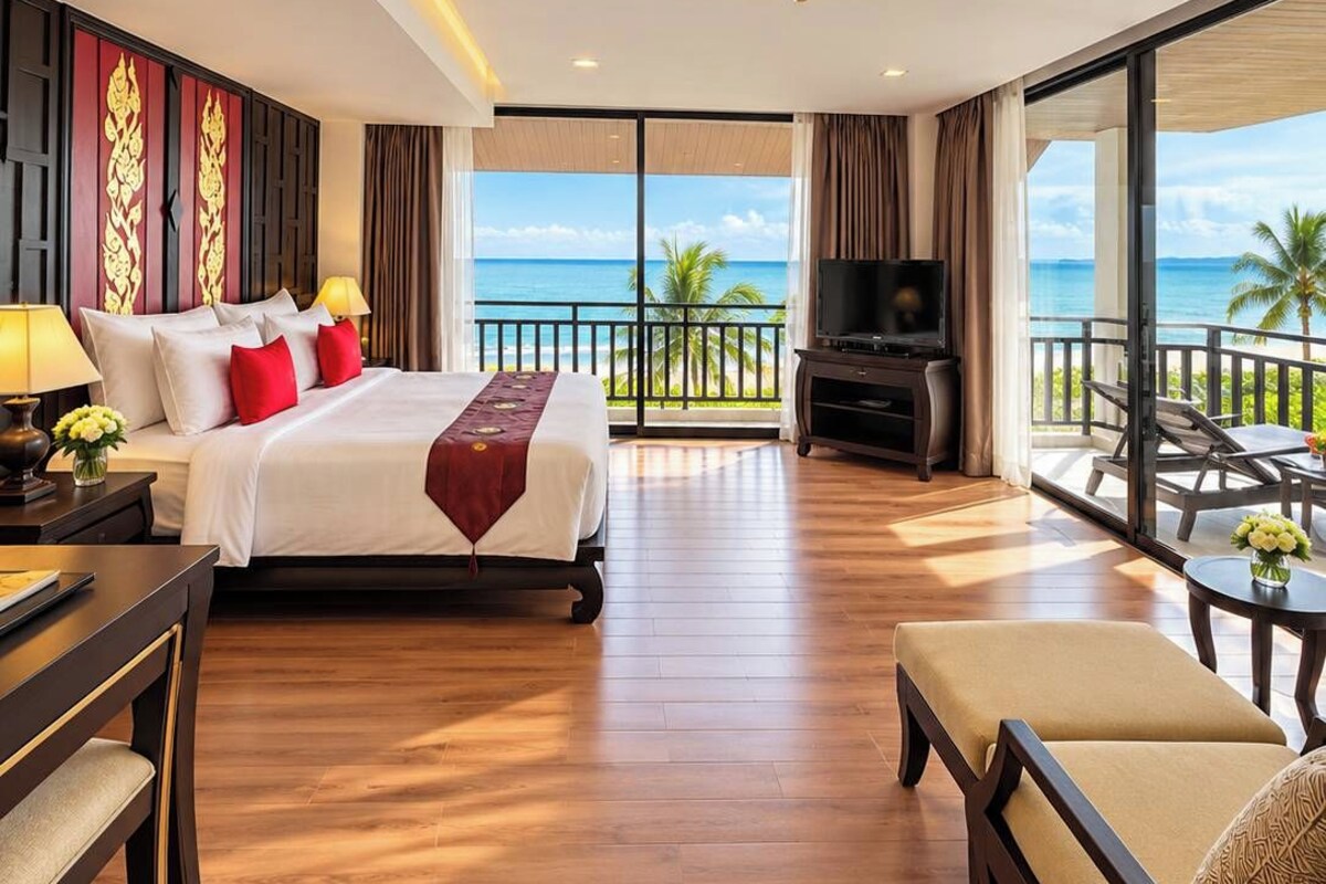A hotel room with a bed, a TV, a balcony with a view of the ocean, and a dining area.