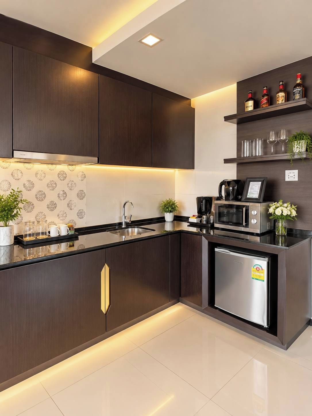 Une cuisine moderne avec des meubles de couleur bois foncé, un réfrigérateur en acier inoxydable et un four à micro-ondes.