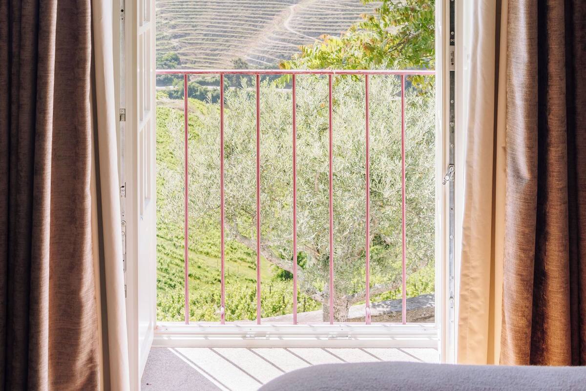 Une pièce donnant sur un vignoble, avec une porte ouverte.