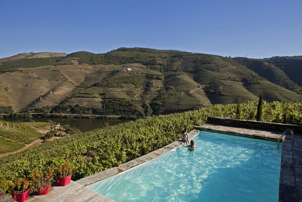 Une piscine offrant une vue sur les vignobles en terrasses et les collines.