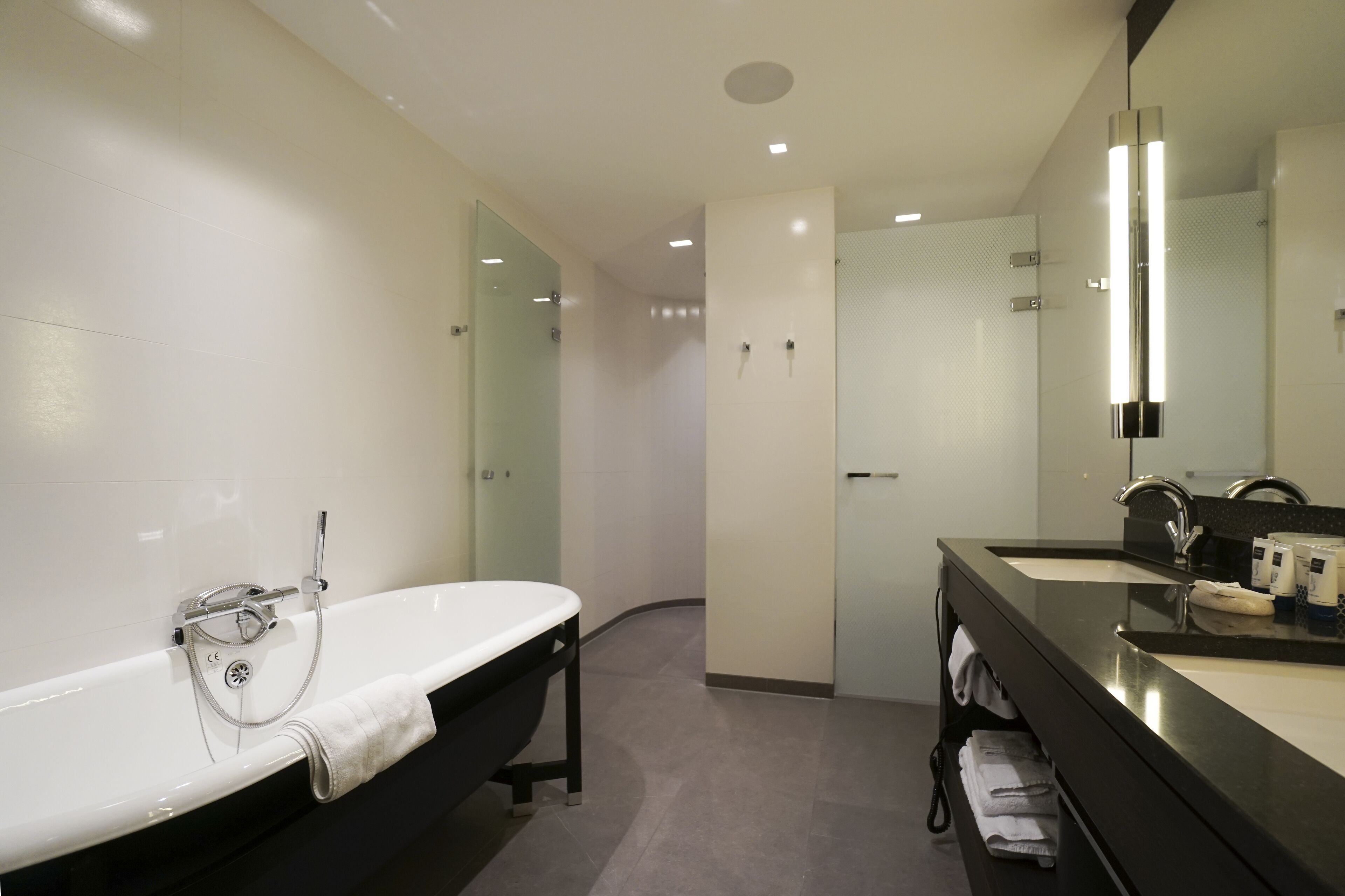Une salle de bain moderne avec une baignoire sur pieds, un meuble-lavabo avec un miroir et un espace douche.