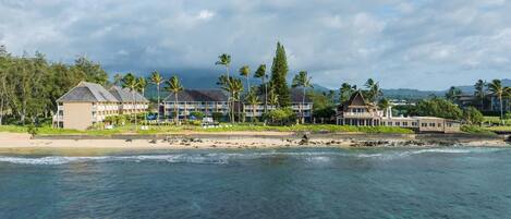 A beachfront hotel with multiple buildings, a sandy beach, and palm trees.