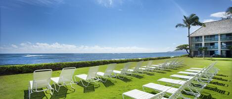 A beachside lounge area with rows of white lounge chairs facing the ocean, a well-maintained lawn, and a building with a balcony overlooking the sea.