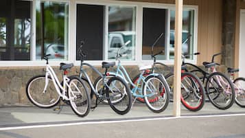 Bicycles parked in front of a building with large windows.