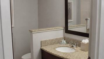 A bathroom with a sink, mirror, toilet, and a trash bin.