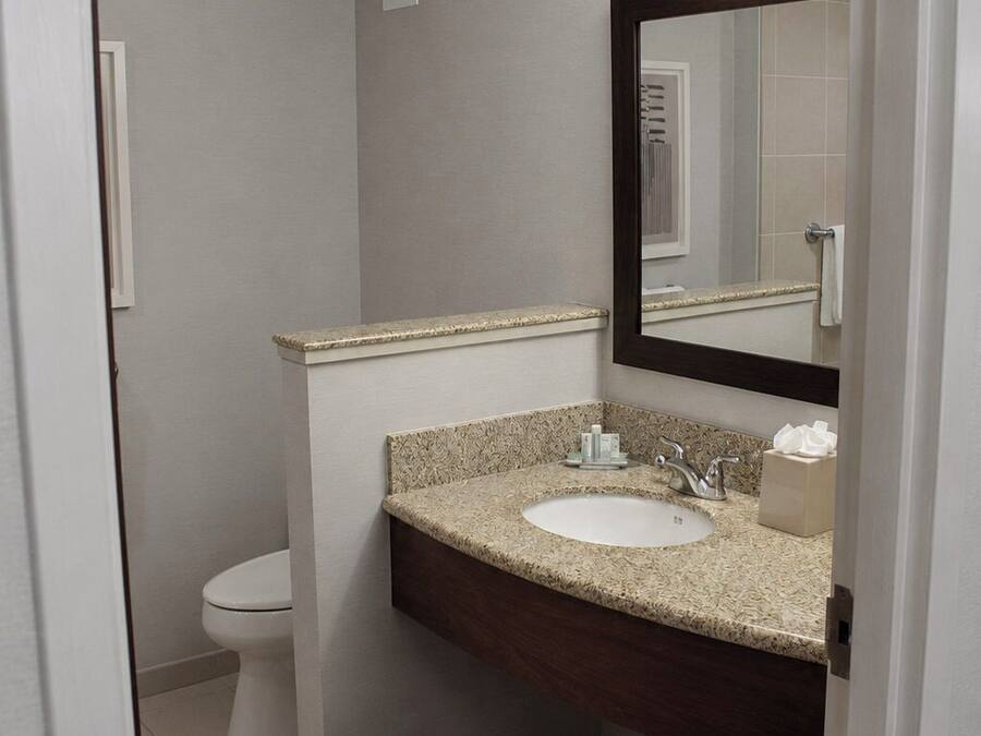 A bathroom with a sink, mirror, toilet, and a trash bin.