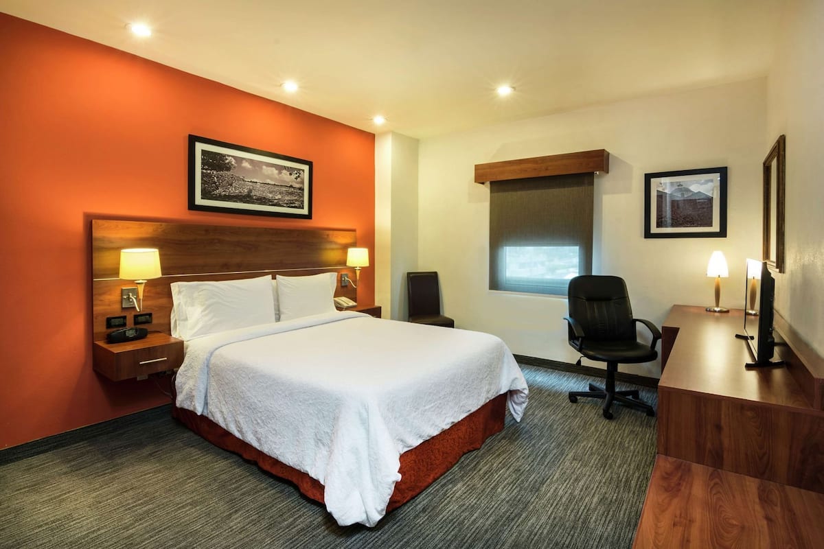 A hotel room with a bed, a desk, a chair, a nightstand with a lamp, a window, and a framed picture on the wall.