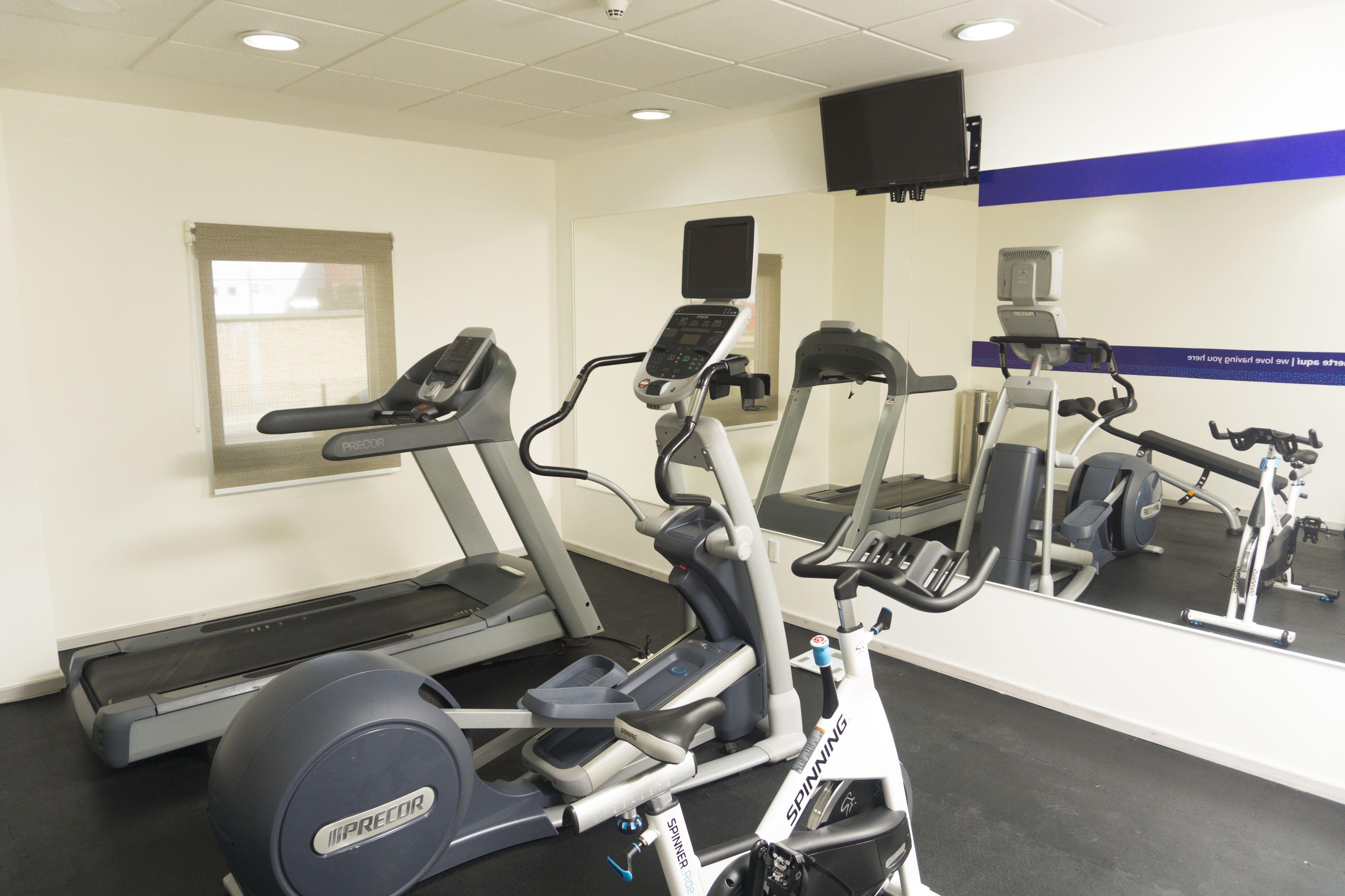 Een fitnessruimte met loopbanden, elliptische trainers en een spiegelwand.