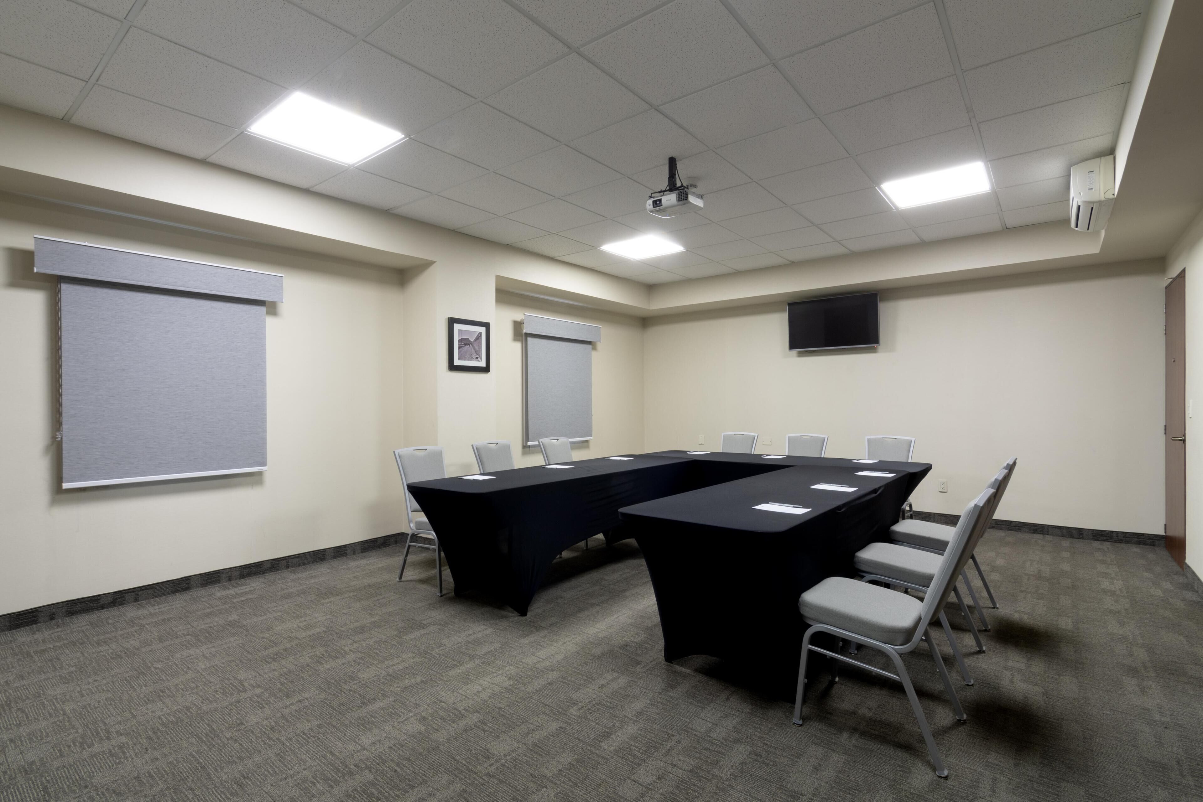 A conference room with a long table, chairs, a projector, and a screen.