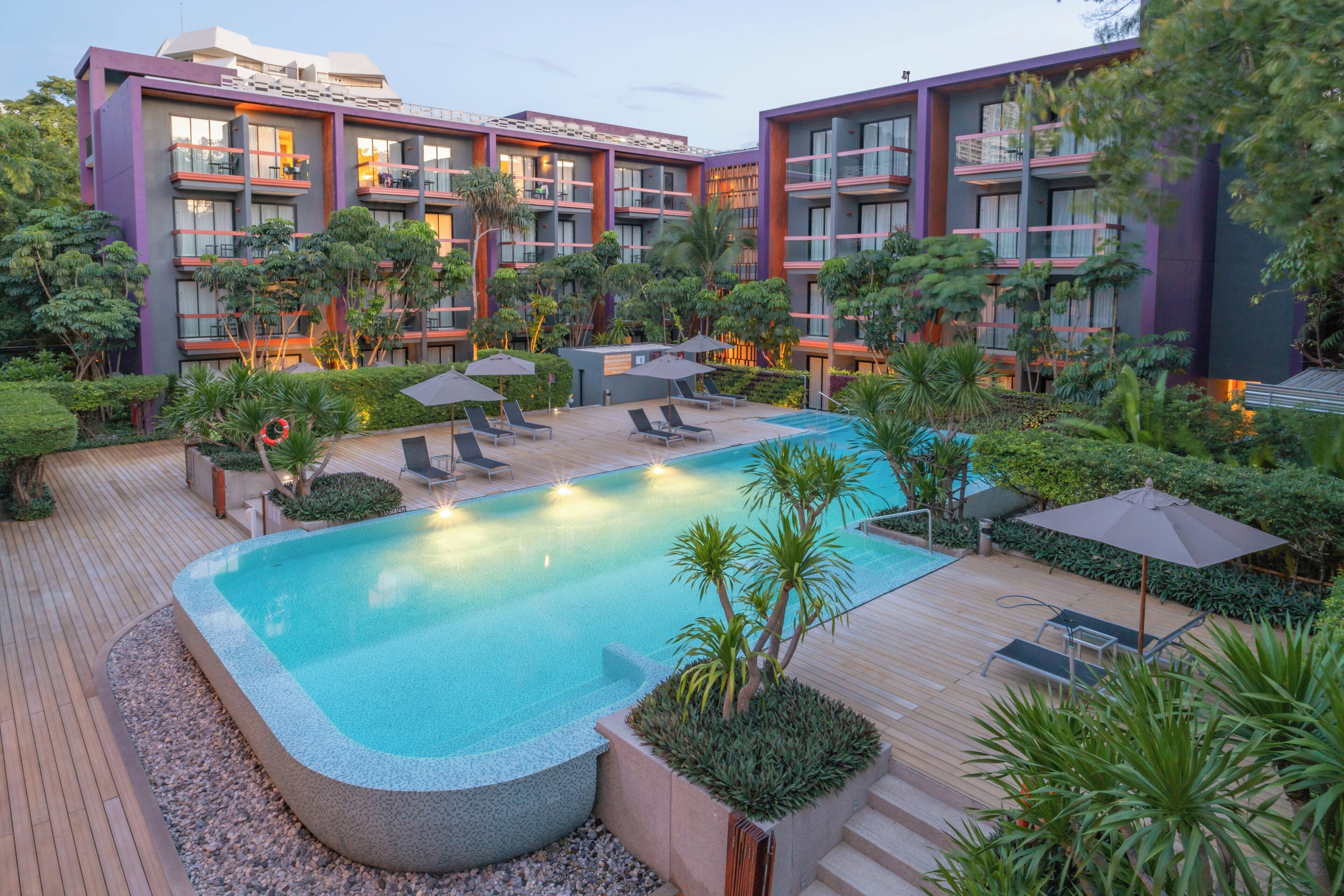 outdoor pool, pool umbrellas, pool loungers