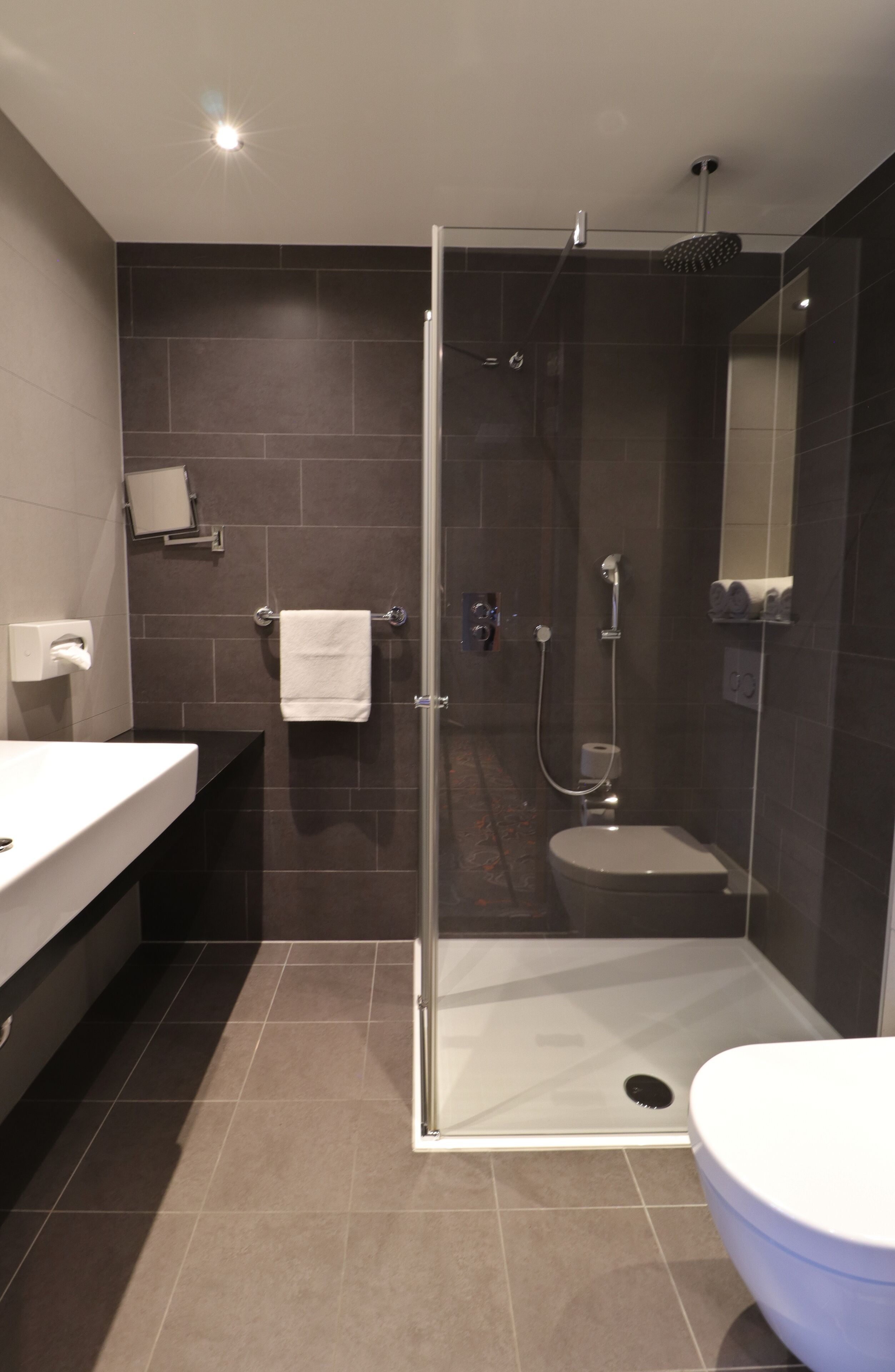 Une salle de bain moderne avec une douche à parois de verre, des toilettes blanches et un lavabo doté d’un porte-serviettes.