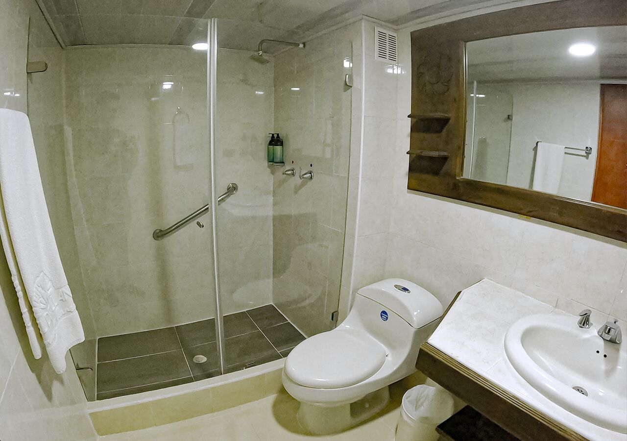 Un baño moderno con ducha envuelta en vidrio, inodoro y lavamanos.