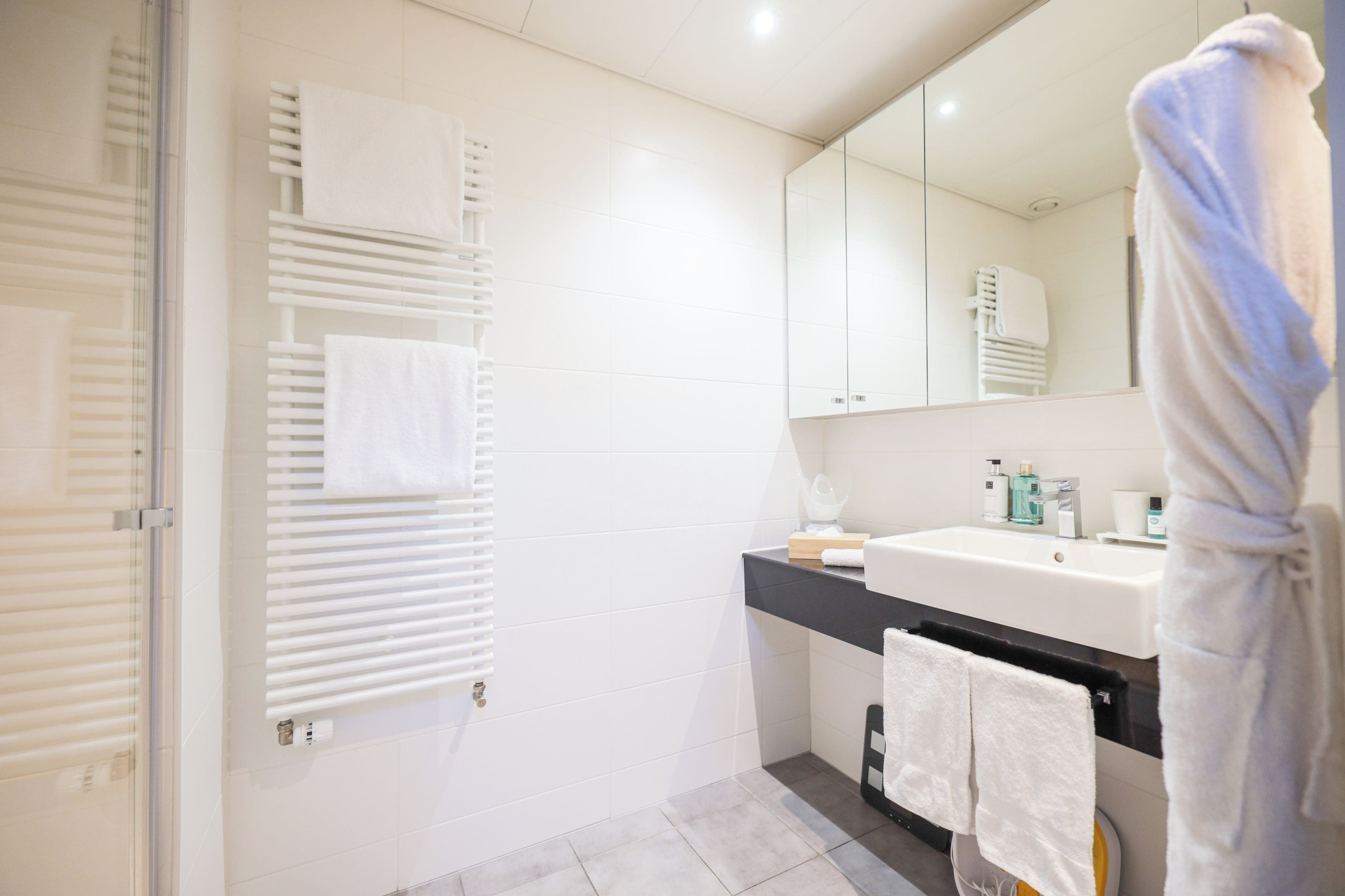 Un baño moderno con un lavamanos blanco, espejo y toalleros.