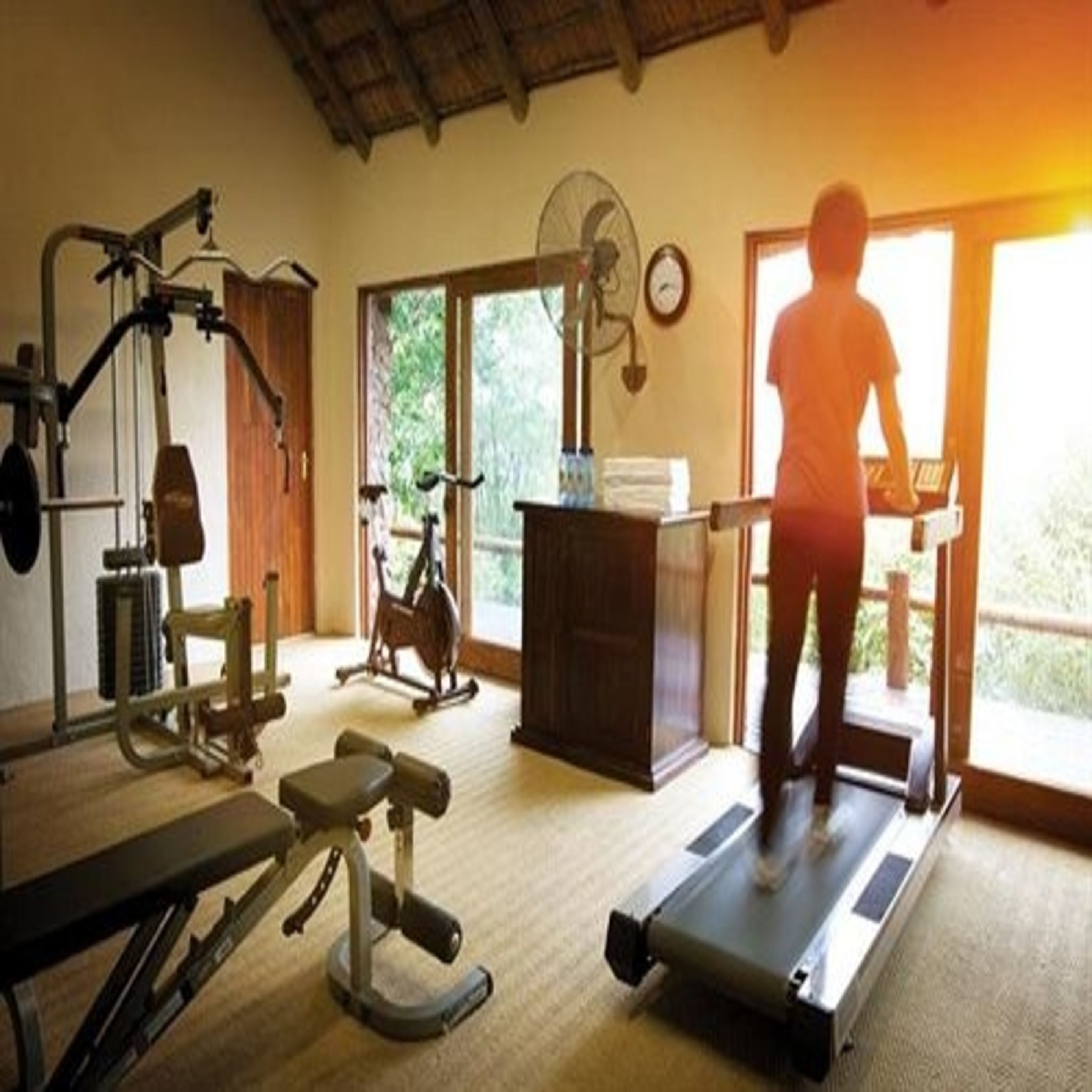 Un gimnasio con equipo de ejercicio, una cinta de correr y un ventilador.